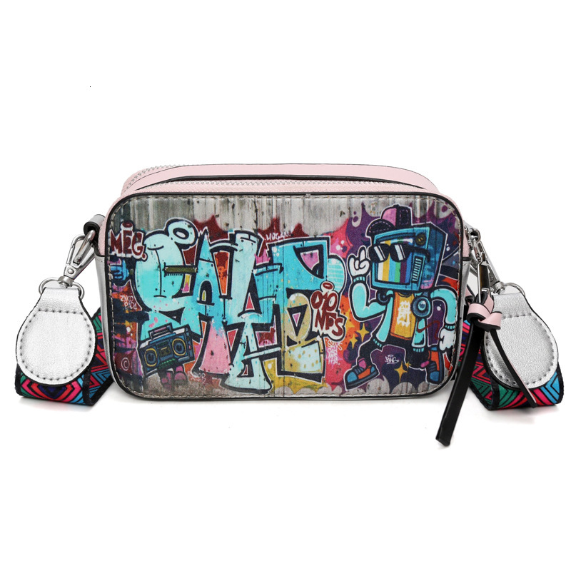 Free shipping designer bag luxury bag wholesale girl graffiti camera bag trendy fashion printed wide shoulder strap personalized single shoulder cross