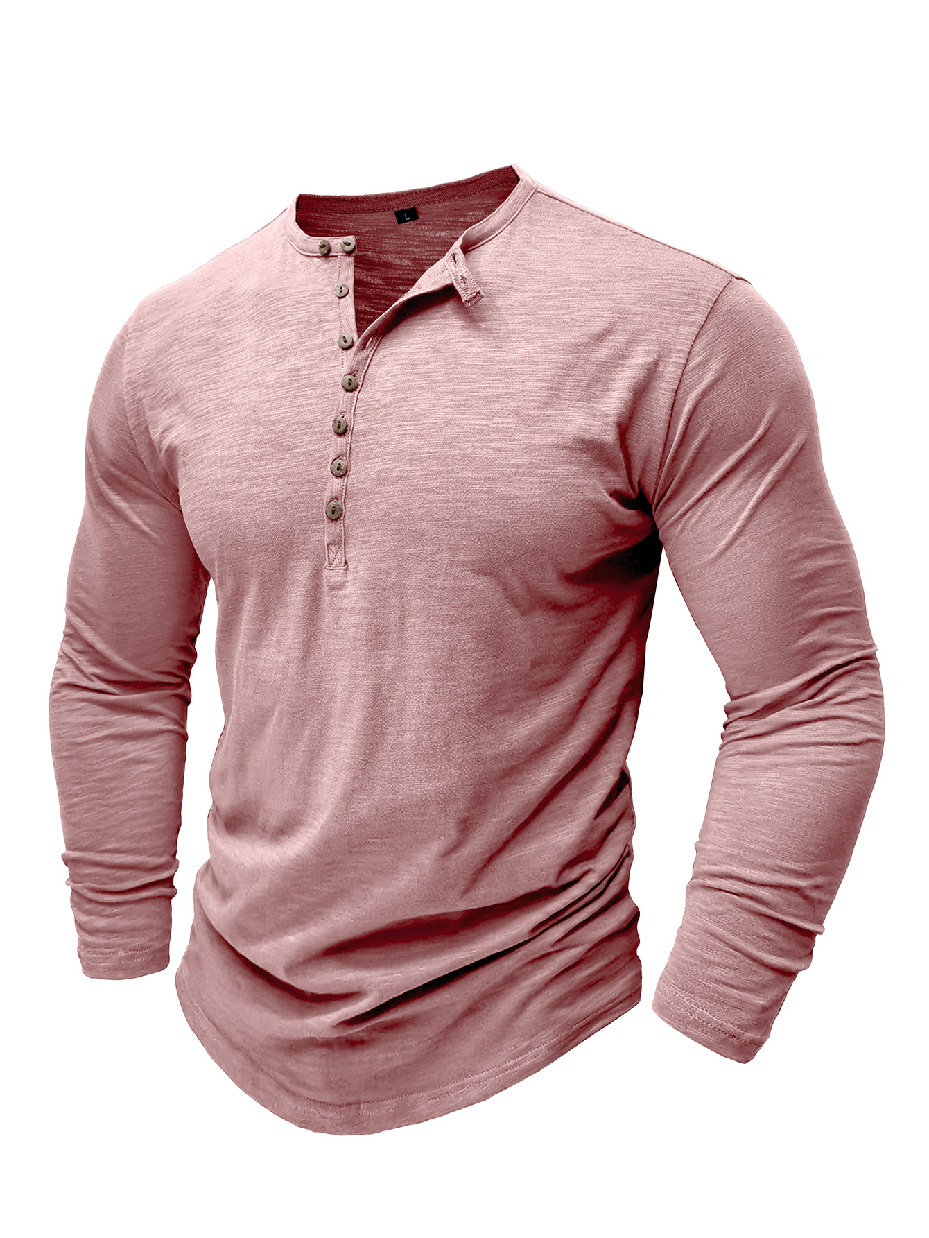 Casual Pink Male Henley Tee Featuring Durable Pure Cotton Material & Buttoned Front Design