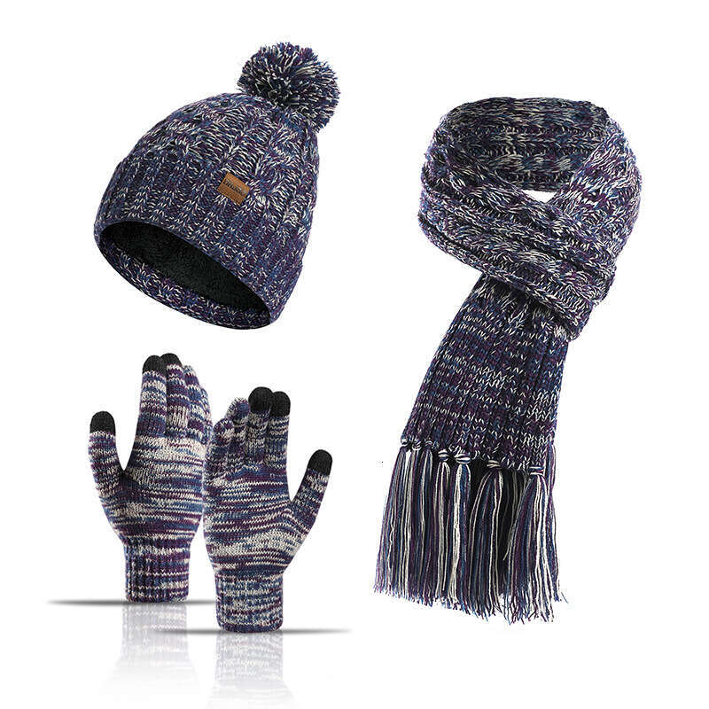 casquette beanie cap Winter New Knitted Wool Colorful Hat Thickened Scarf Touchscreen Gloves Three-Piece Set