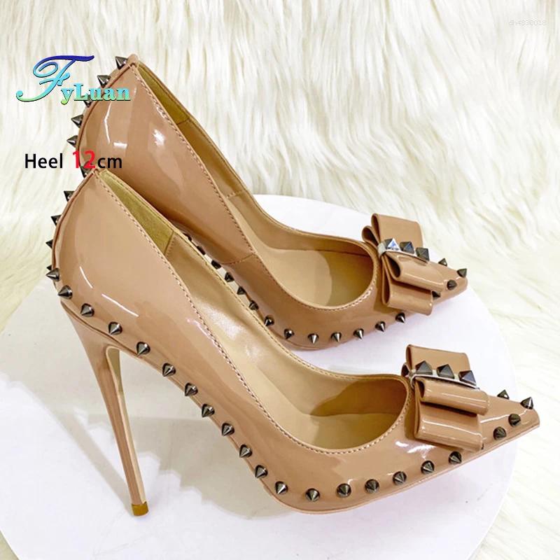 Dress Shoes Autumn Women Single 8-12CM Thin High Heels Fashion Rivet Chic Female With Bowknot Pointed Toe Lady Pumps Size 46