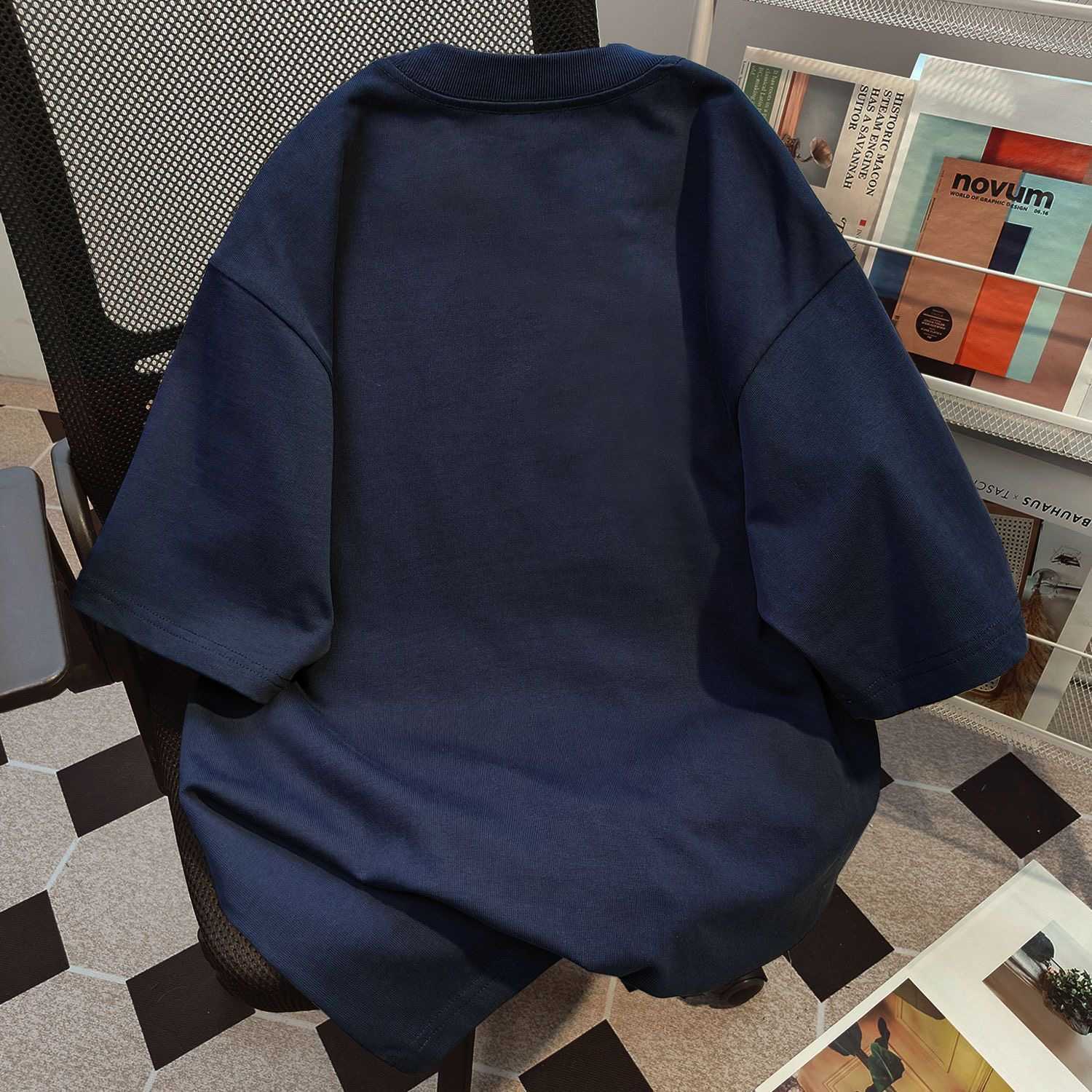 100% pure cotton, simple Korean-style, navy blue basic short-sleeved t-shirt, summer loose fit