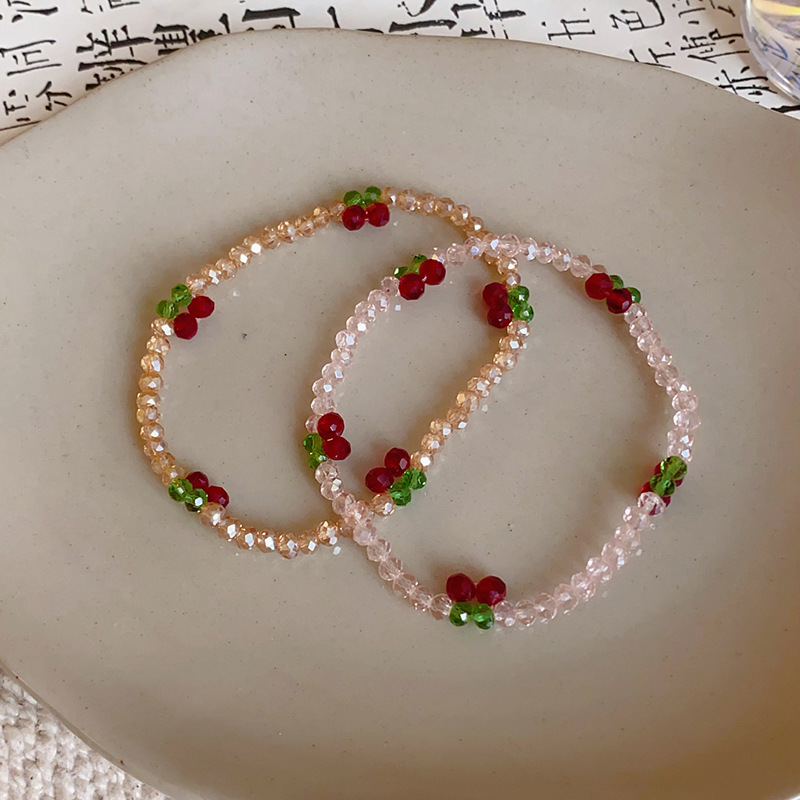 Pink Crystal Beaded Bracelet With Cherry - Shaped Red & Green Bead Charms Sweet Fresh Style Daily Wear Gift
