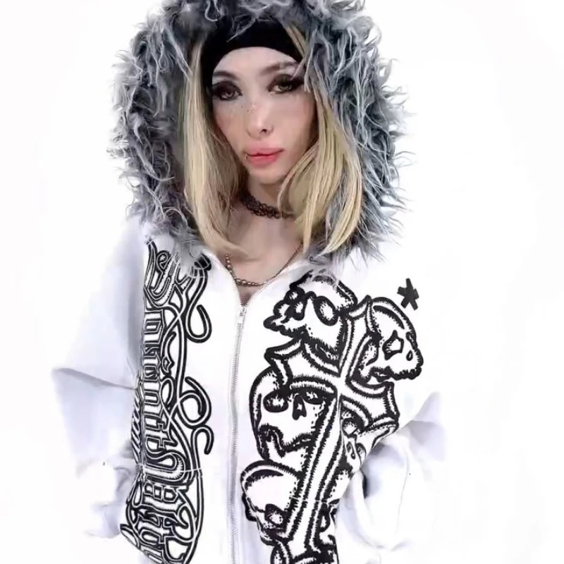 Y2K Zip Up Hoodie Print Letter Skull Fur Collar Zipper Sweatshirt Retro Trendy Personality Coat Unisex Oversized Streetwear 250825