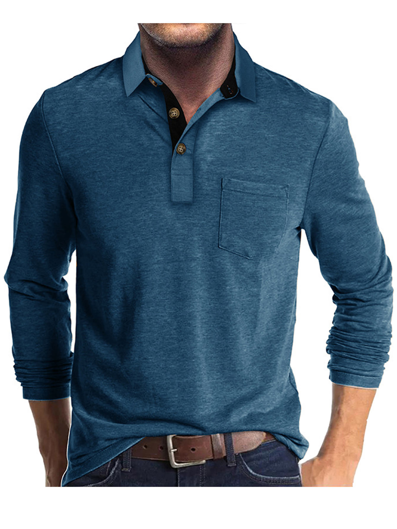 Men's Long - Sleeve White Polo Shirt with Contrast Inner Collar and Chest Pocket