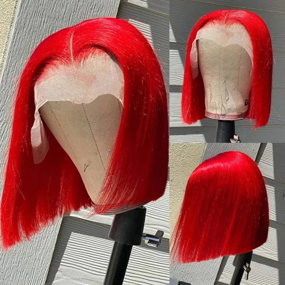 Pre-Cut Hot Red Colored Transparent Short Bob Human Hair Wigs High Density Peruvian Red Straight Gluelesss 13x4 Lace Front Wig For Women PrePlucked Wi