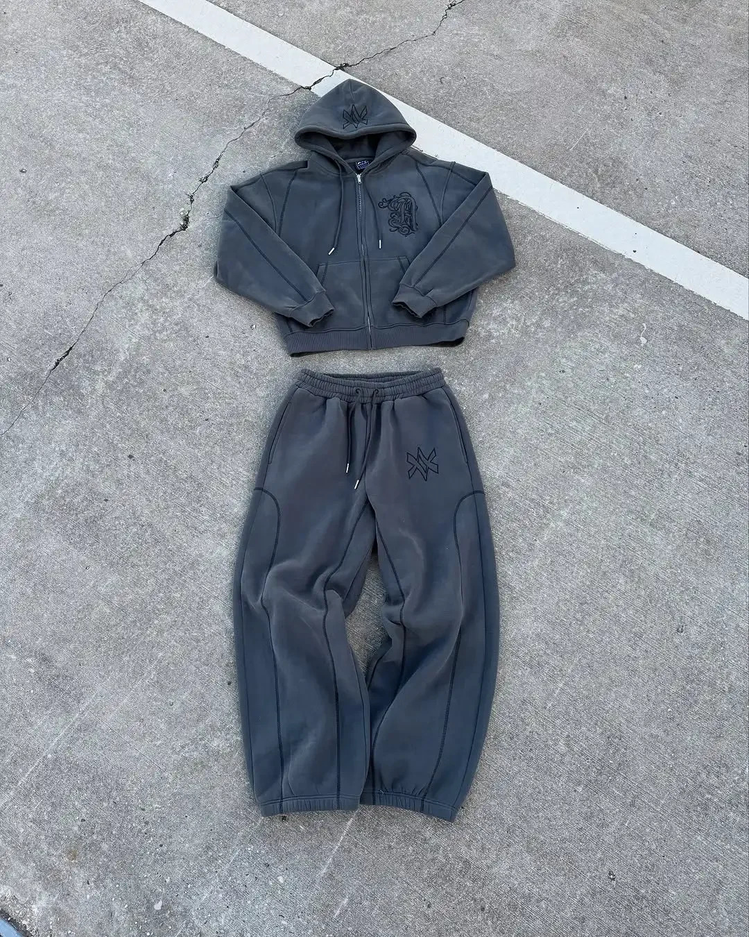 American Y2K Casual Zipper Hoodie Sweatpant Two Piece Set HipHop Oversized Embroidery Sweatshirts Men Women Casual Pants 250305