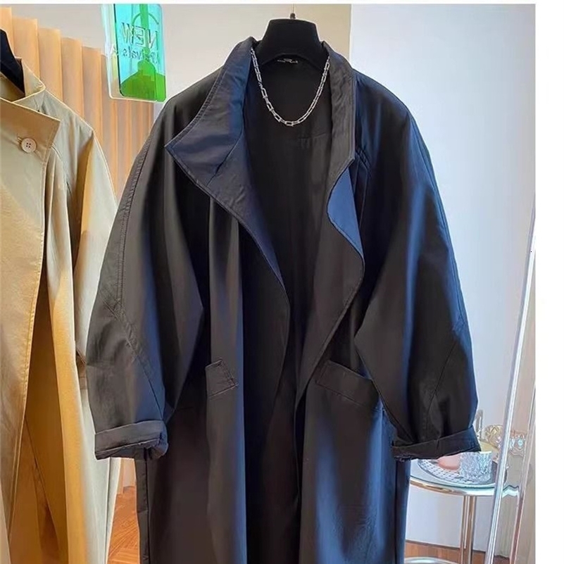 High End Stand Up Collar Outwear 2025 Spring Plus Size Womens Casual Loose Mid Long Windbreaker Lining Jacket Khaki Black Top 250823