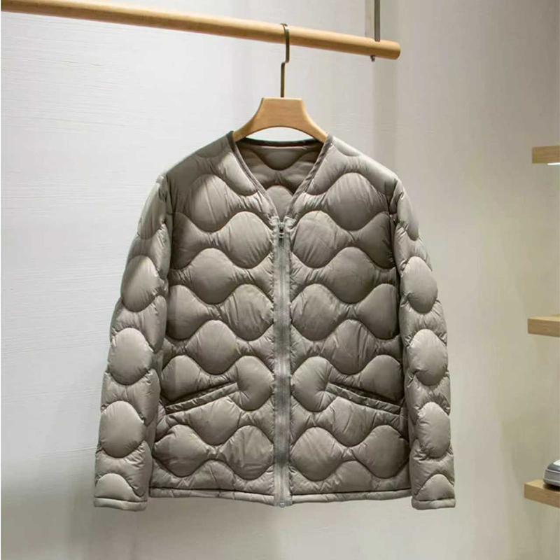 High Fluffy Wave Quilted Thread V-neck Men's Lightweight Down Jacket Coat Quality Single Item