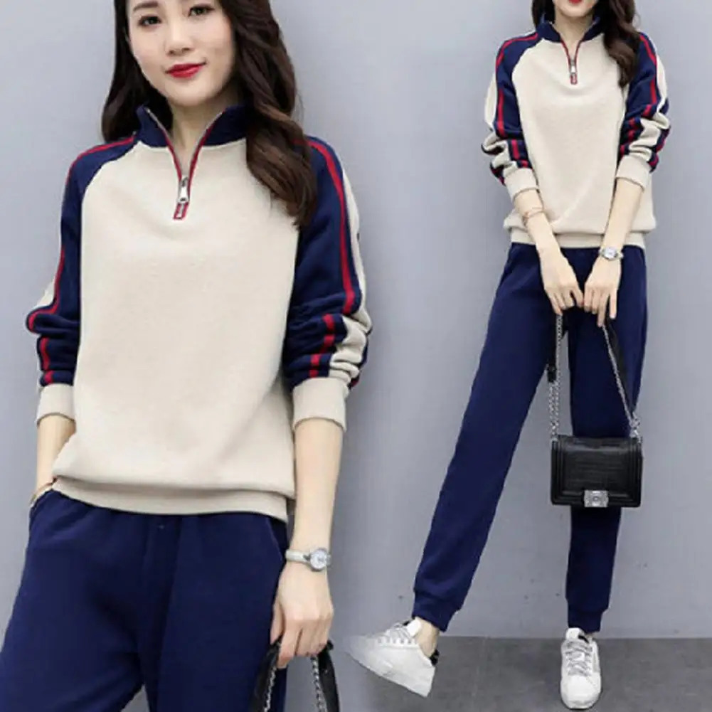 Women Stylish Suit Set Womens Color Matching Tracksuit Set with Stand Collar Sweatshirt Elastic Waist Pants for Fall Winter 2 250825