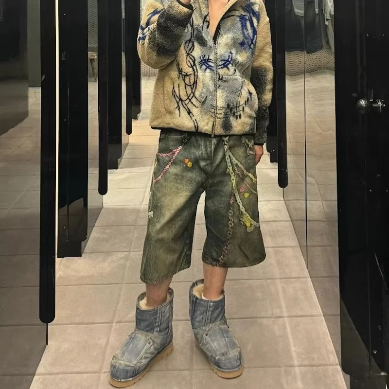 MIJKO 3D Candy Chain Print Baggy Jeans Shorts for Men Streetwear Summer Wide Leg Patchwork Casual Loose Knee Length Pants Oversized