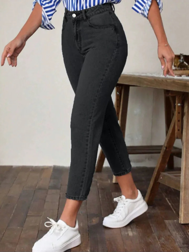 Pocket Micro Elastic Waist Solid Color Womens Straight Leg Pants Fashion High Street Daily Versatile Spring Jeans Z260313