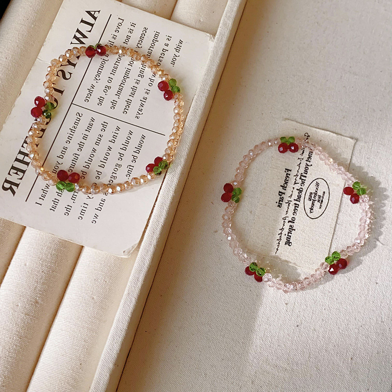 Pink Crystal Beaded Bracelet With Cherry - Shaped Red & Green Bead Charms Sweet Fresh Style Daily Wear Gift