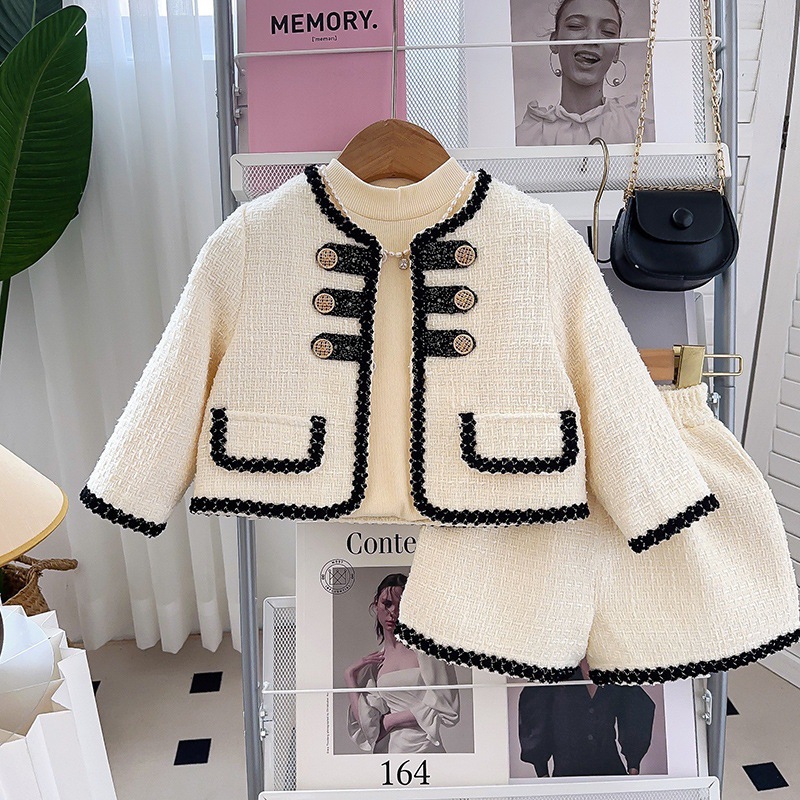 2025s New Girls' Spring Autumn Outfit Set Fashionable French Style Elegant Jacket & Pants Two Piece