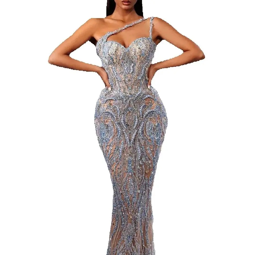 Modern One Shoulder Pearls Evening Dresses Customized Sexy Beaded Sequined Prom Dress Pearls Sleeveless Party Gown