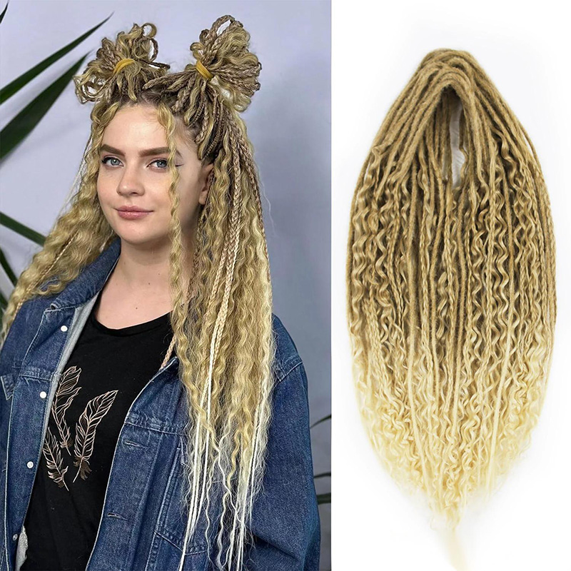 Boho Box Braids Double Tail Curly Three-Strand Braid Gray Dreadlock Wigs j26