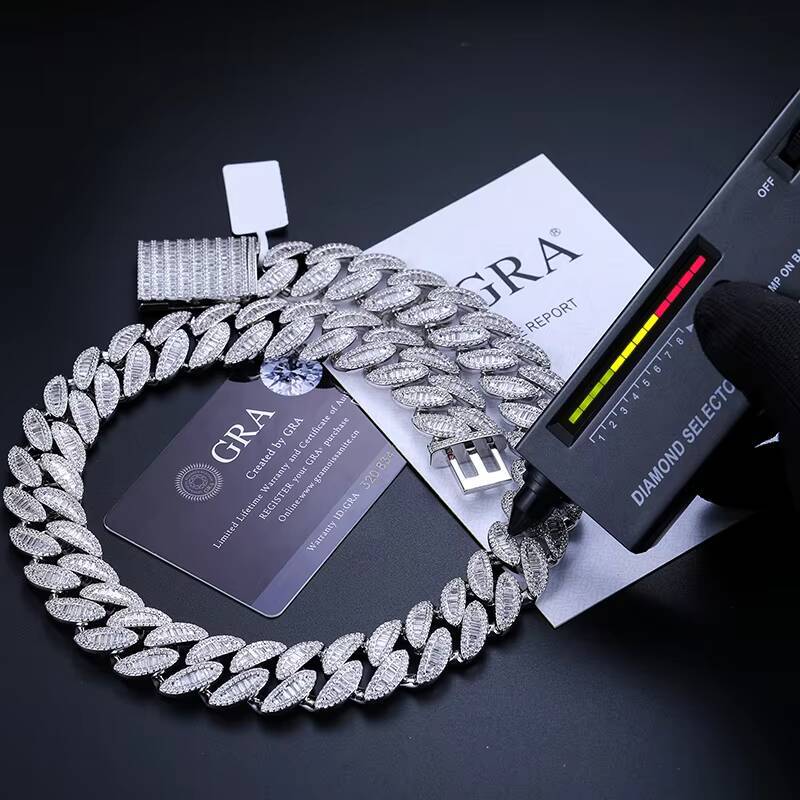 Cadena Cubana Pass Diamond Tester 20mm VVS Baguette Moissanite 925 Sterling Silver Iced Out Miami Cuban Link Chain Necklace