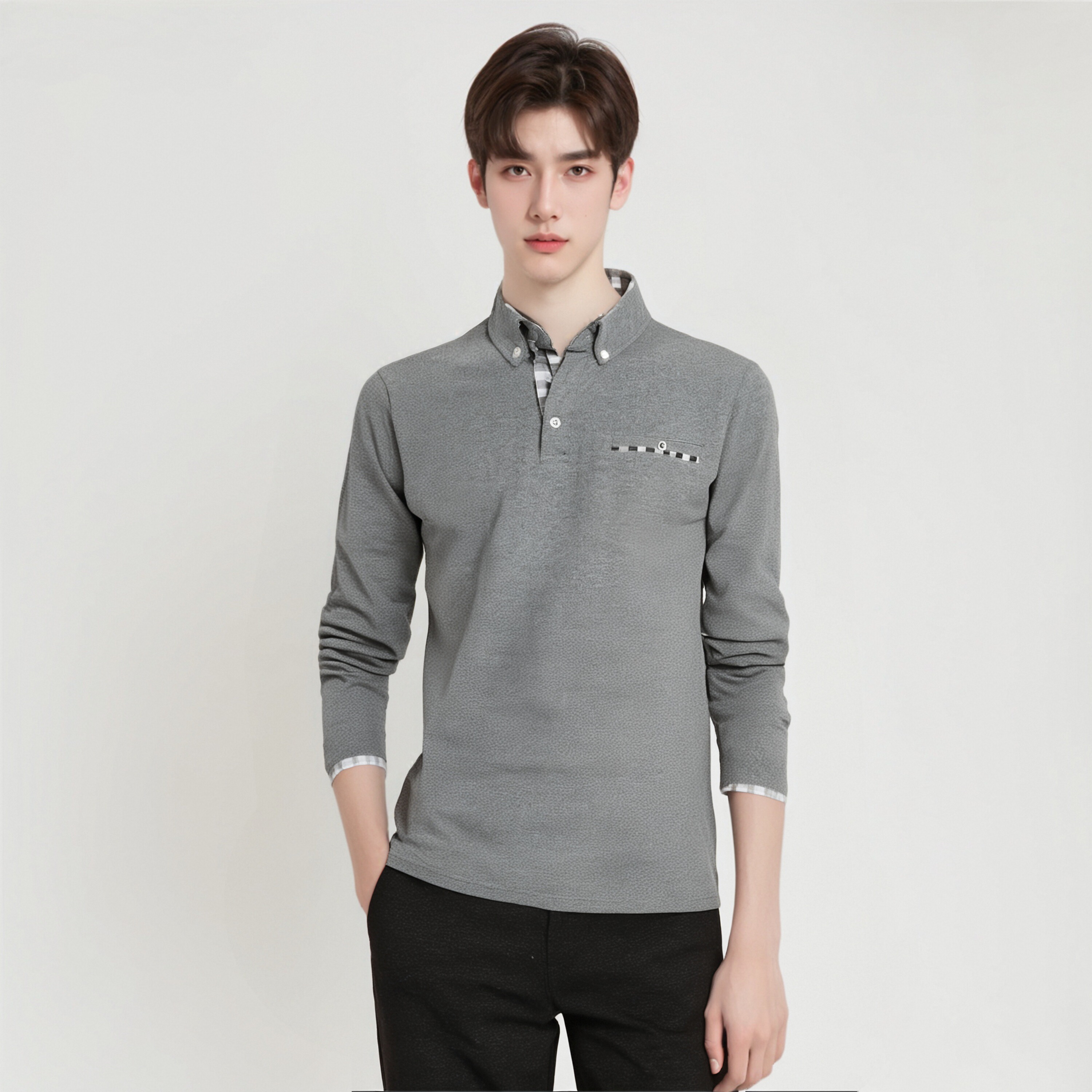 Men's Long - Sleeve Green Polo Shirt with Checkered Inner Collar and Chest Pocket Detail