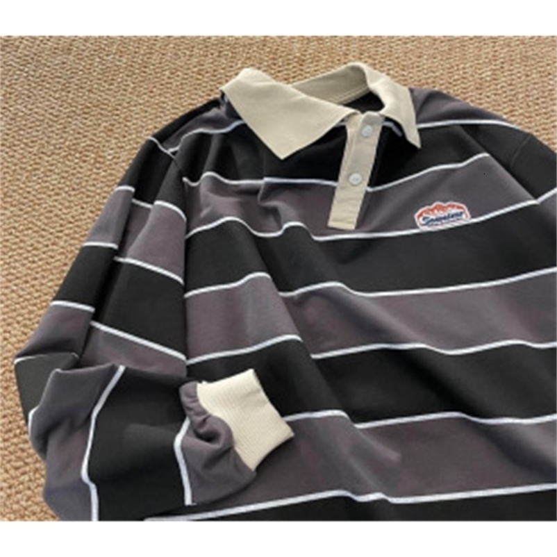 Y2K Spring Retro Splicing Striped Letter Collar Polo Shirt Long Sleeve Mens Harajuku Gothic Fashion Loose Hip Hop Couple Top 250823