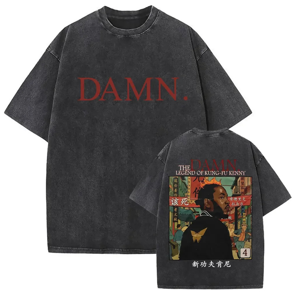 Retro washed T-shirt for men by rapper Kendrick Lamar DAMN 100% cotton double-sided printed T-shirt urban hip-hop style T-shirt 250825