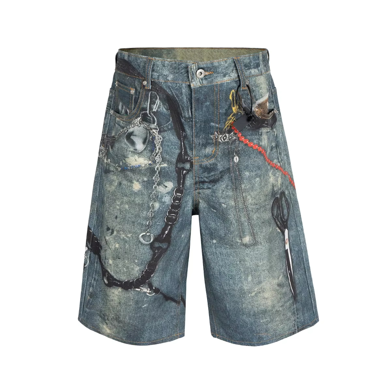 MIJKO 3D Candy Chain Print Baggy Jeans Shorts for Men Streetwear Summer Wide Leg Patchwork Casual Loose Knee Length Pants Oversized