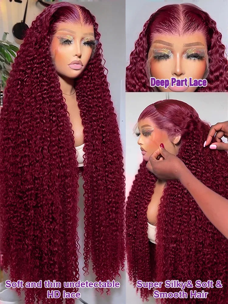 30 40 Inch Deep Wave Preplucked Hairline 13x6 Curly Human Hair Wig High Density Burgundy Water Wave Wig Gluelesss 13x4 HD Lace Frontal Wigs