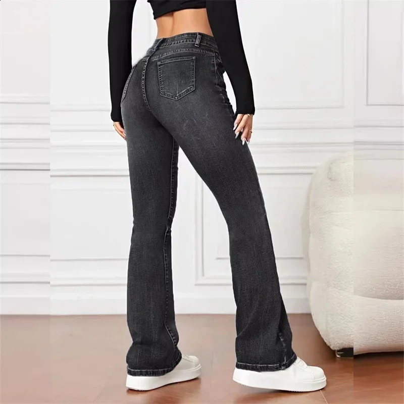 Women Casual Micro Flares Jeans Vintage Mid Waist Button Splice Denim Pants Female Office Trousers Trend Streetwear Z260313