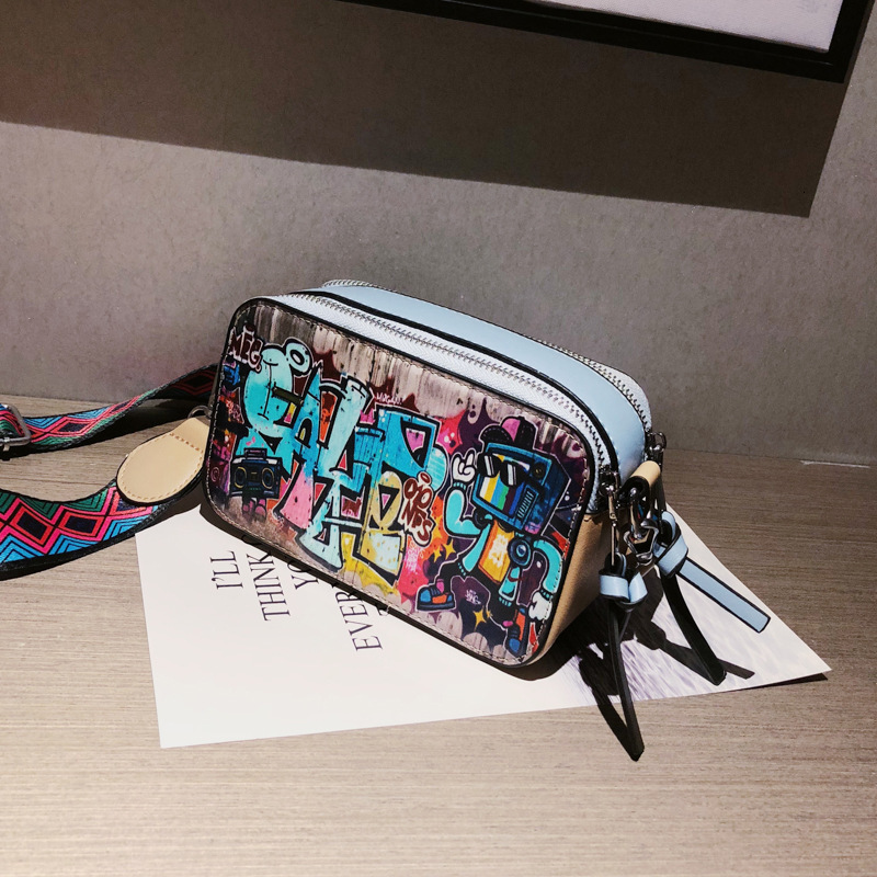 Free shipping designer bag luxury bag wholesale girl graffiti camera bag trendy fashion printed wide shoulder strap personalized single shoulder cross