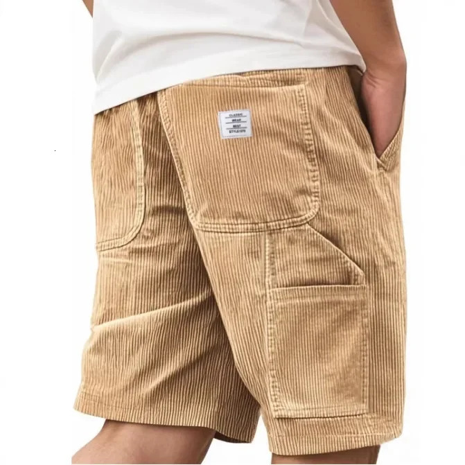 American European Fashion Mens Solid Color Corduroy Knee Length Shorts Casual Trendy Multi Pocket Sorts Male Summer 250825