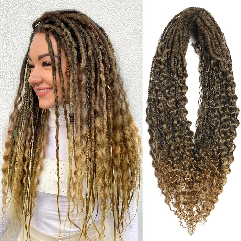 Boho Box Braids Double Tail Curly Three-Strand Braid Gray Dreadlock Wigs j26