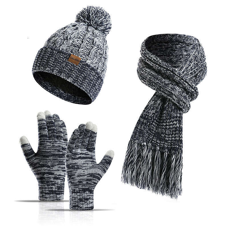 casquette beanie cap Winter New Knitted Wool Colorful Hat Thickened Scarf Touchscreen Gloves Three-Piece Set
