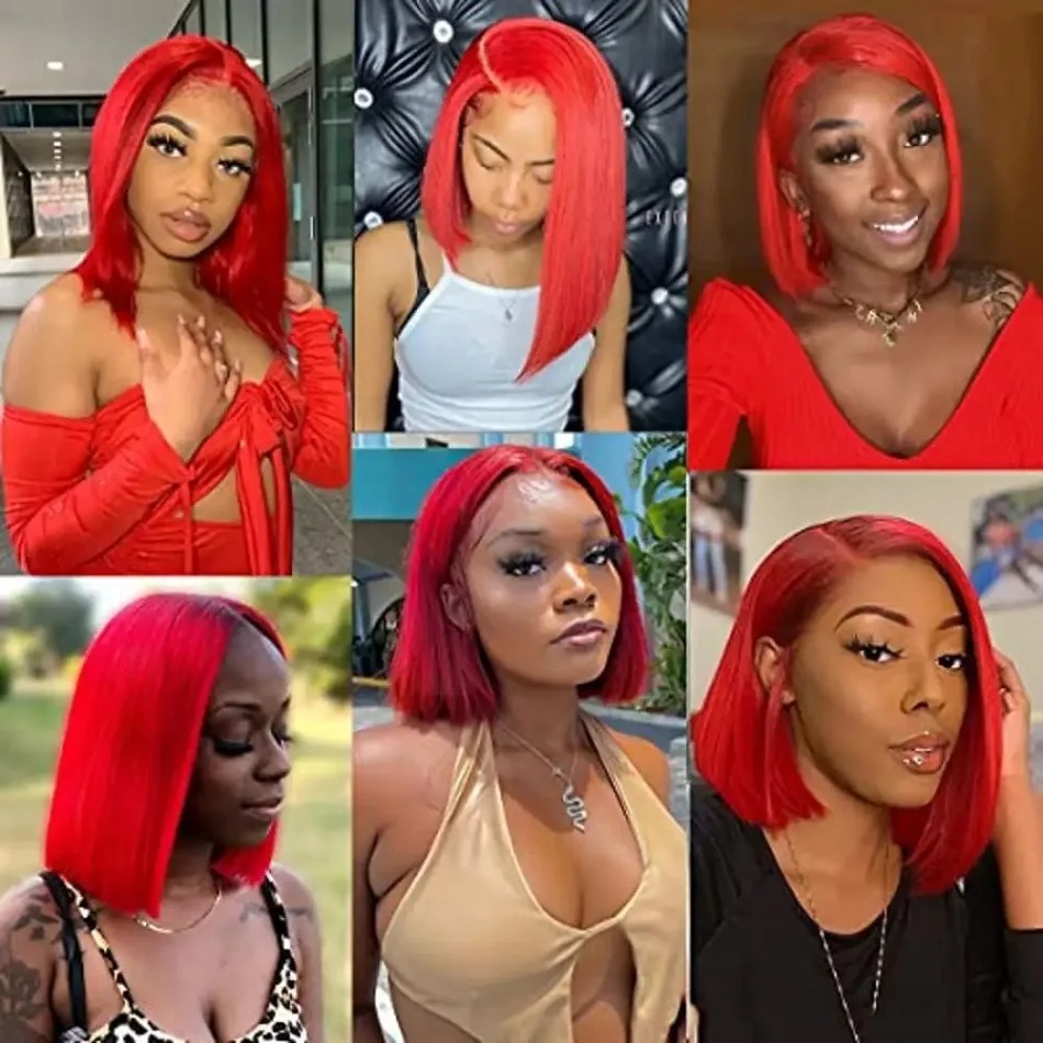 Pre-Cut Hot Red Colored Transparent Short Bob Human Hair Wigs High Density Peruvian Red Straight Gluelesss 13x4 Lace Front Wig For Women PrePlucked Wi