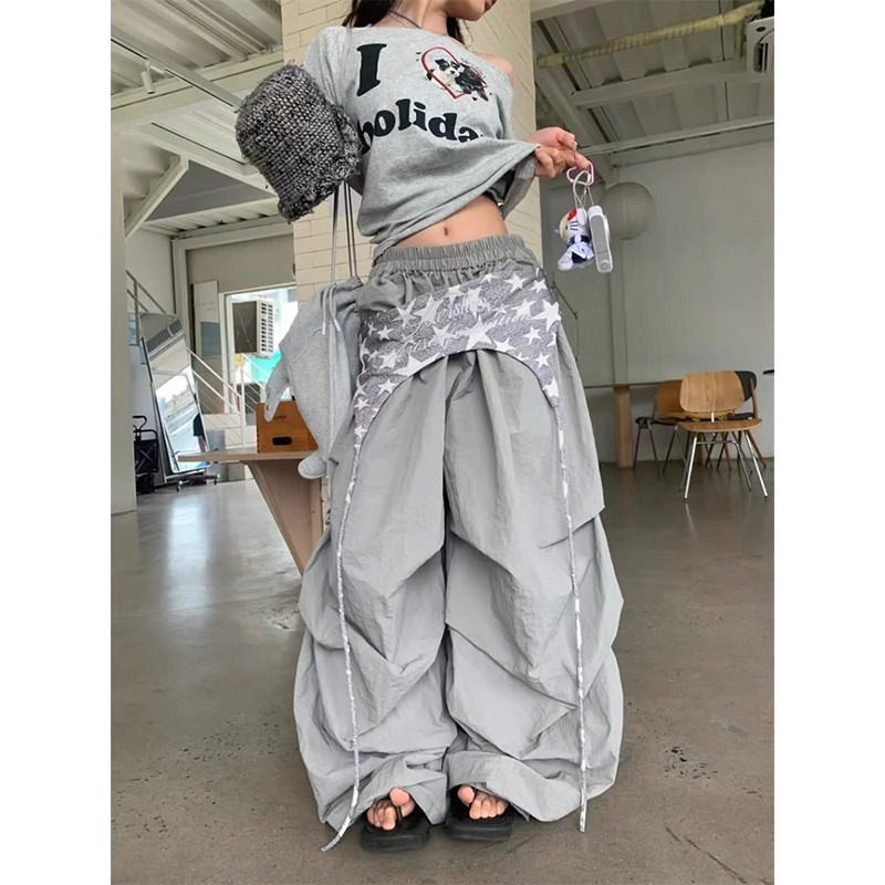 Autumn American Vintage 2000s Gray Cargo Women Y2k Baggy High Waist Straight Wide Leg Loose Lazy Casual Pants Z260314