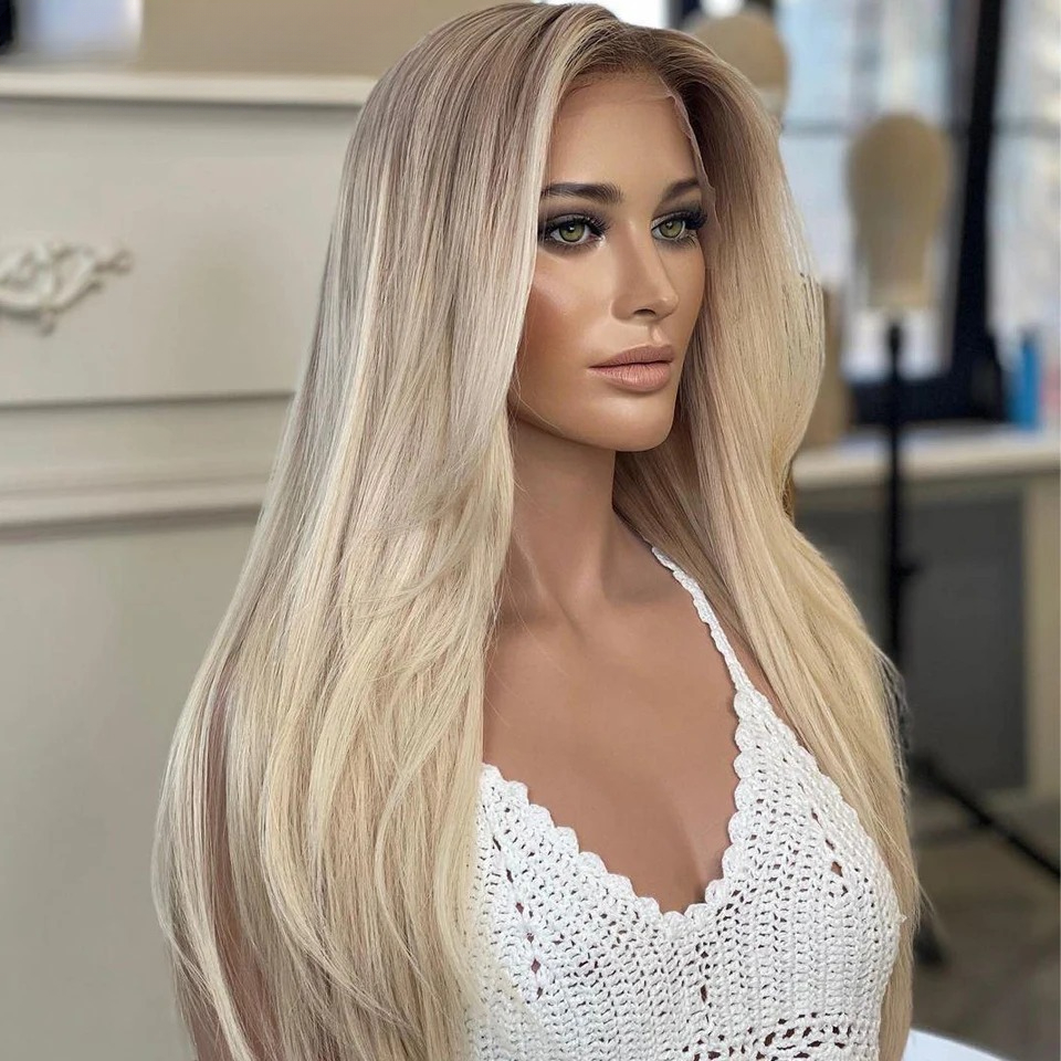 Ombre Brown Roots Ash Blonde Wigs Human Hair 200% Density 13x4 Body Wave Lace Front Wig Wear And Go Glueless Lace Frontal Wigs Synthetic