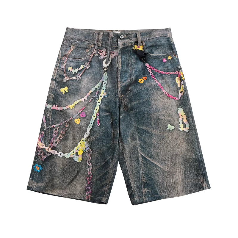 MIJKO 3D Candy Chain Print Baggy Jeans Shorts for Men Streetwear Summer Wide Leg Patchwork Casual Loose Knee Length Pants Oversized