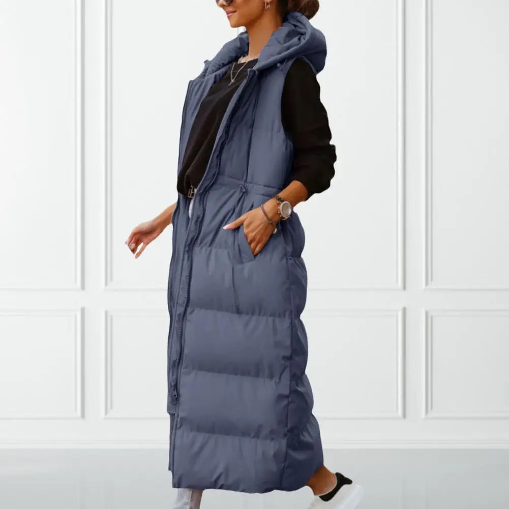 Women Down Coat Jacket Windproof Winter Female Down Jacket Zipper Long Sleeveless Hooded Tight Waist Puffer Coat Winter Vest 250825