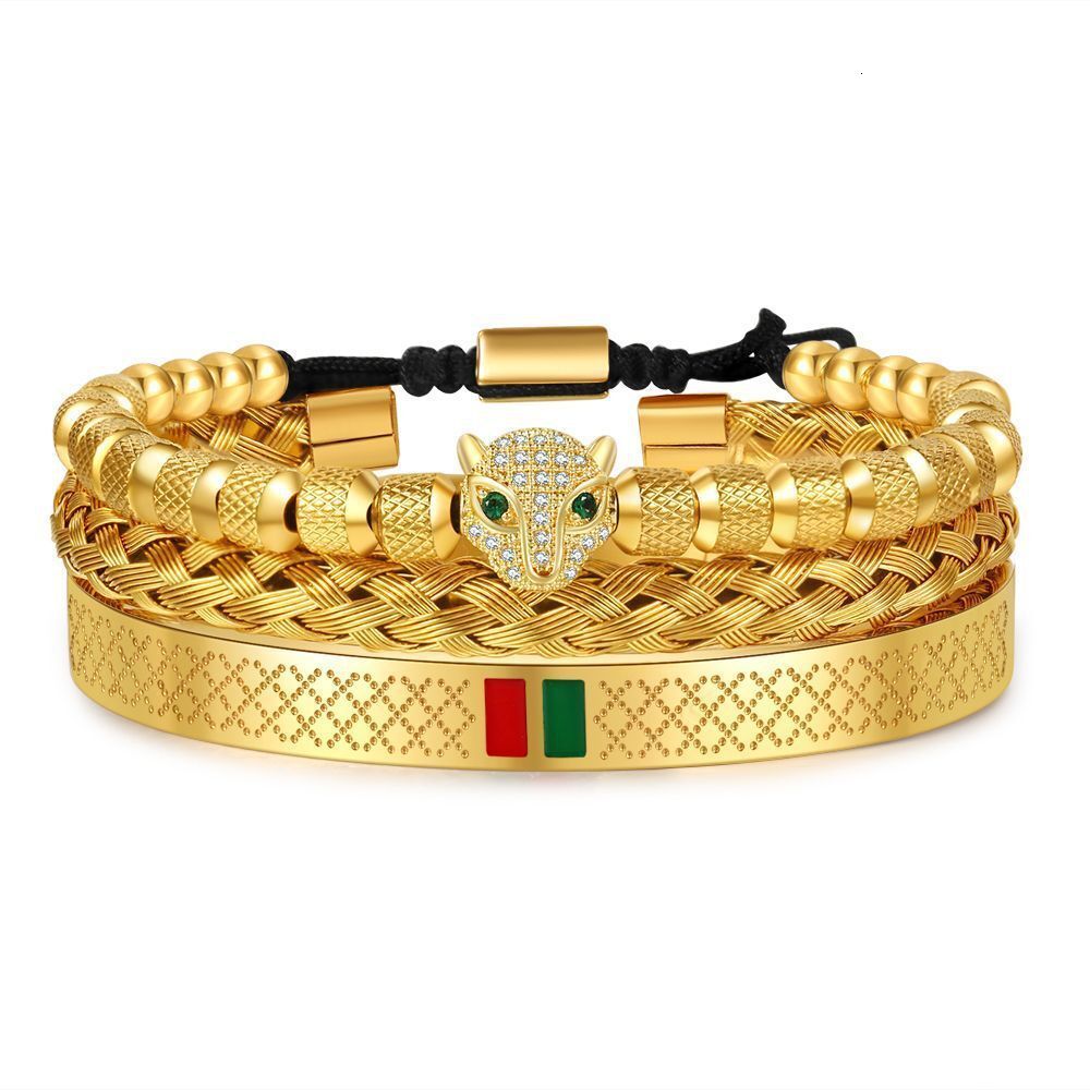 Hip-Hop Men's Copper Inlaid Zircon Leopard Head Stainless Steel Bracelet Bangle Set Non-Fading Internet Celebrity Style Jewelry 50b