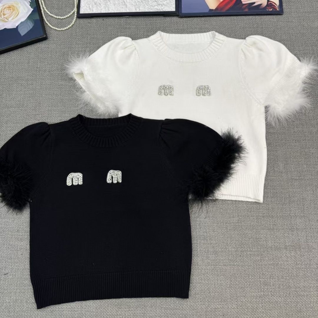 New design women's logo letter rhinestone short sleeve fur patched cute sweet knitted tops knits SML