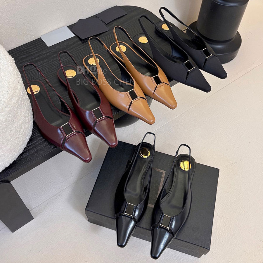 Top quality new Burgundy real leather Letter Square toe slingback Flat heel sandals Dress shoes for womens Luxury designer flats shoes Office Vacation Wedding shoes