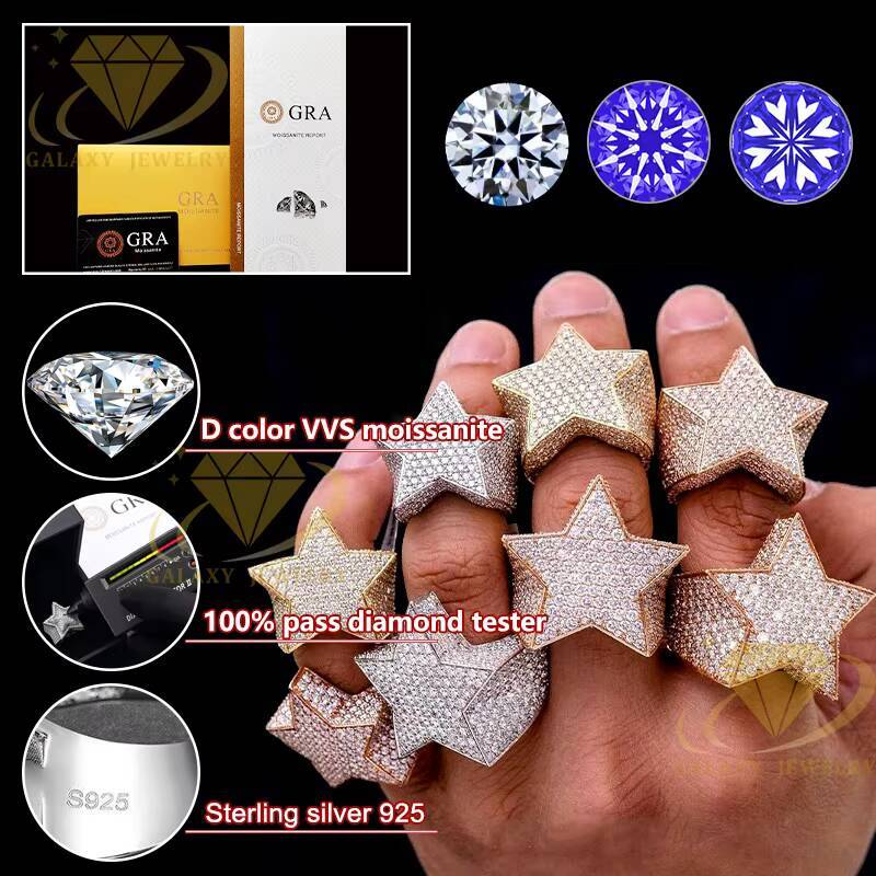 Fashion Fine Jewelry 925 Sterling Silver Hip Hop Ring Iced Out Baguette Vvs Moissanite Diamond Star Ring for Men Women