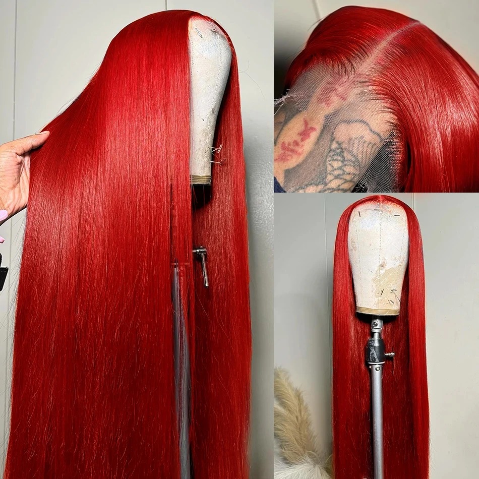 13x4 Bone Straight Red Colored Preplucked Hairline HD Transparent Lace Pre-Cut Bdoy Wave Lace Front Wig High Density Gluelesss 100% Human Hair Wigs Br