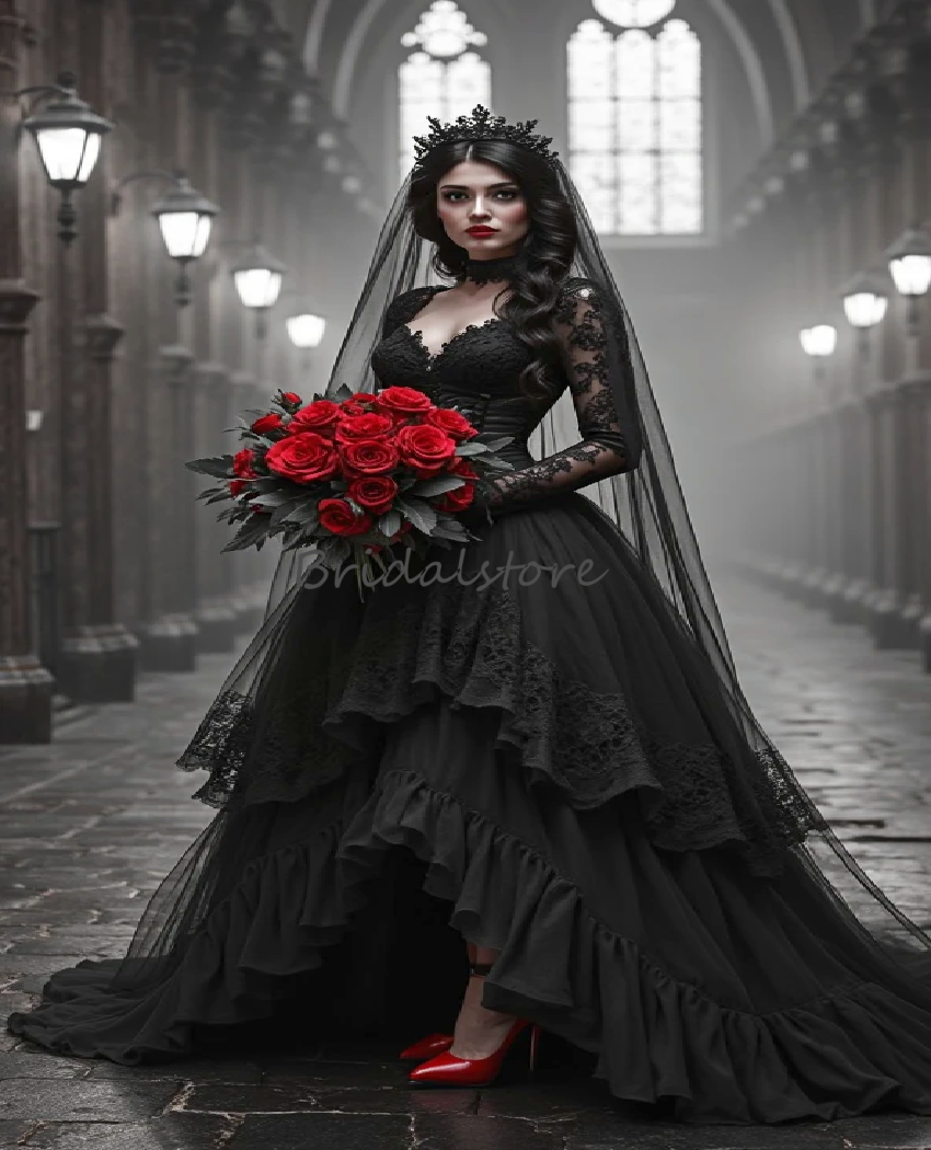 Elegant Vampire Gothic Wedding Dress Black Medieval Long Sleeve V Neck Lace Bride Dress 2025 Tudor Celtic Steampunk Bridal Gowns Halloween Witchy Vest