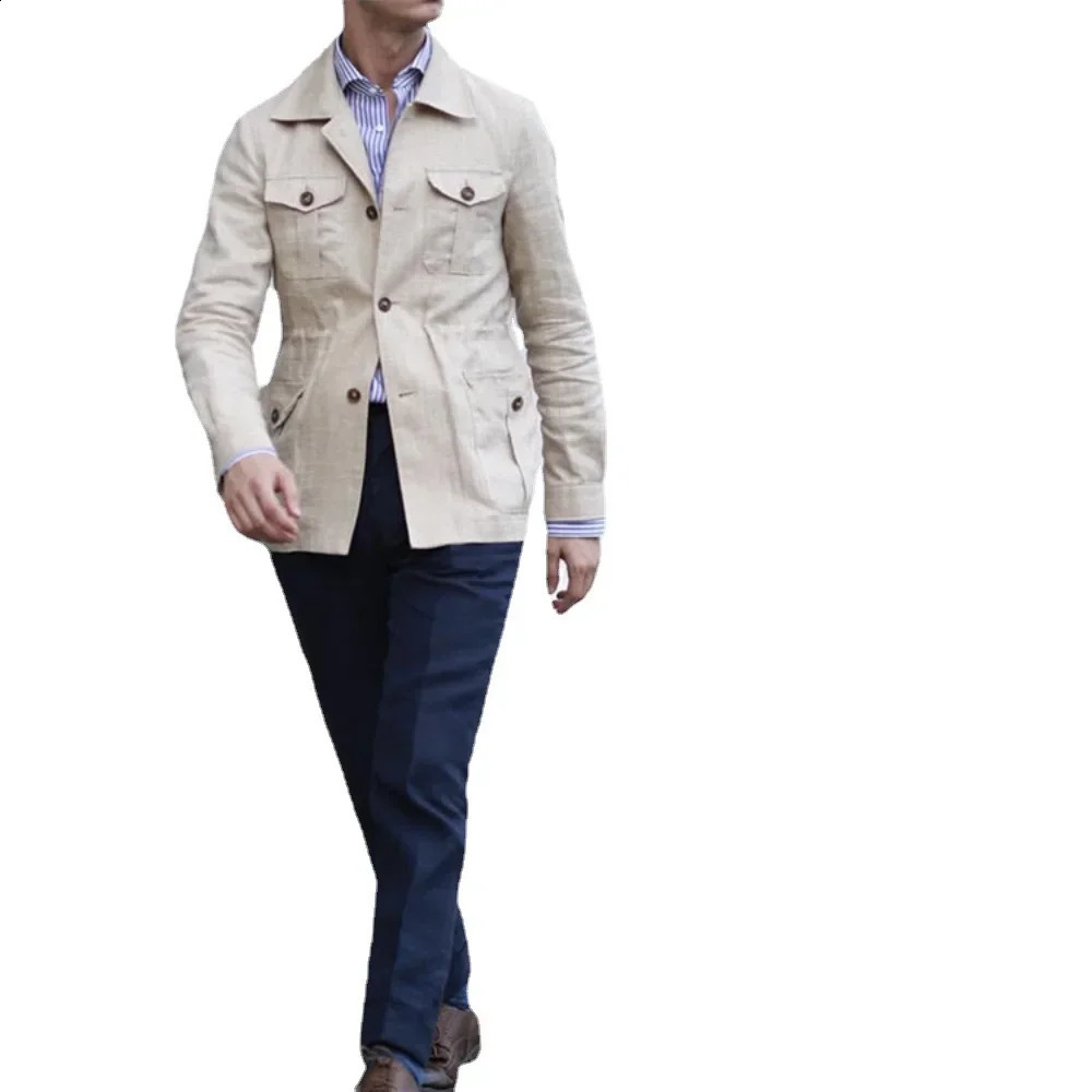 Mens Coats Safari Jacket Linen British Retro Gentry Suit Pockets Outerwear Fashion Solid Color Male Tops Ropa Hombre 250818