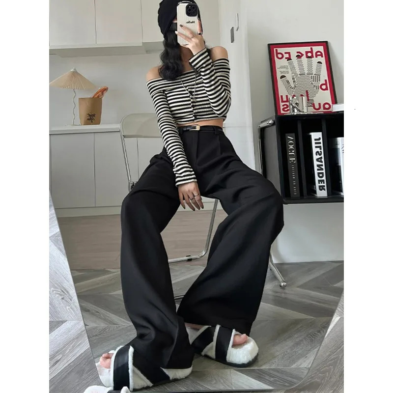 Fall Winter Elegant Gray Suits for Women Office Lady High Waist Wide Leg Fashion Trousers with Pockets Black Pants Z260314