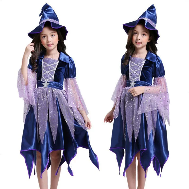 Halloween Party Costumes Witch Dress for Girls Kids Cosplay Carnival Witch Costume Pumpkin Dress Up With Bag Hat Wand Clothing 250823