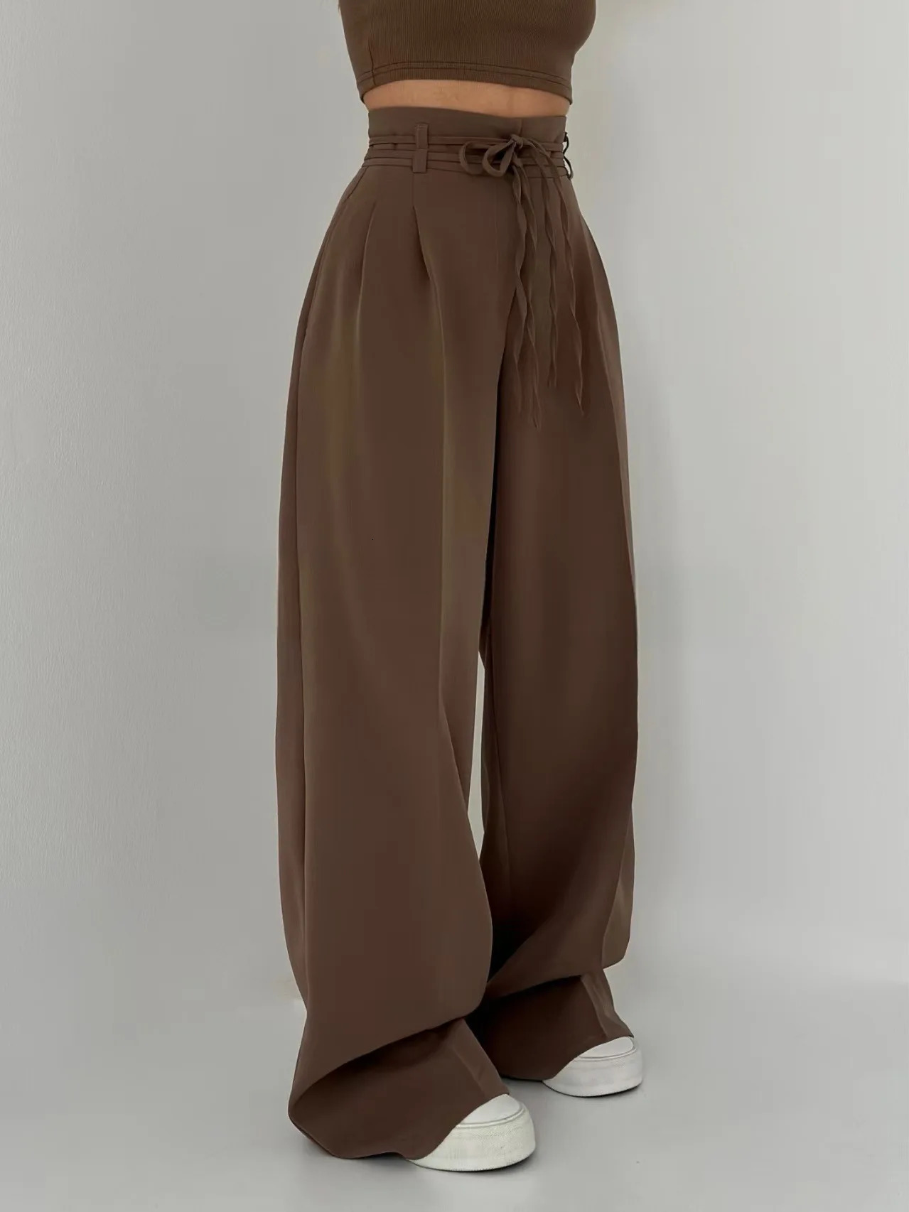Womens Fashionable and Casual High Waisted Lace Up Slim Straight Leg Pants 2025 Style 250825