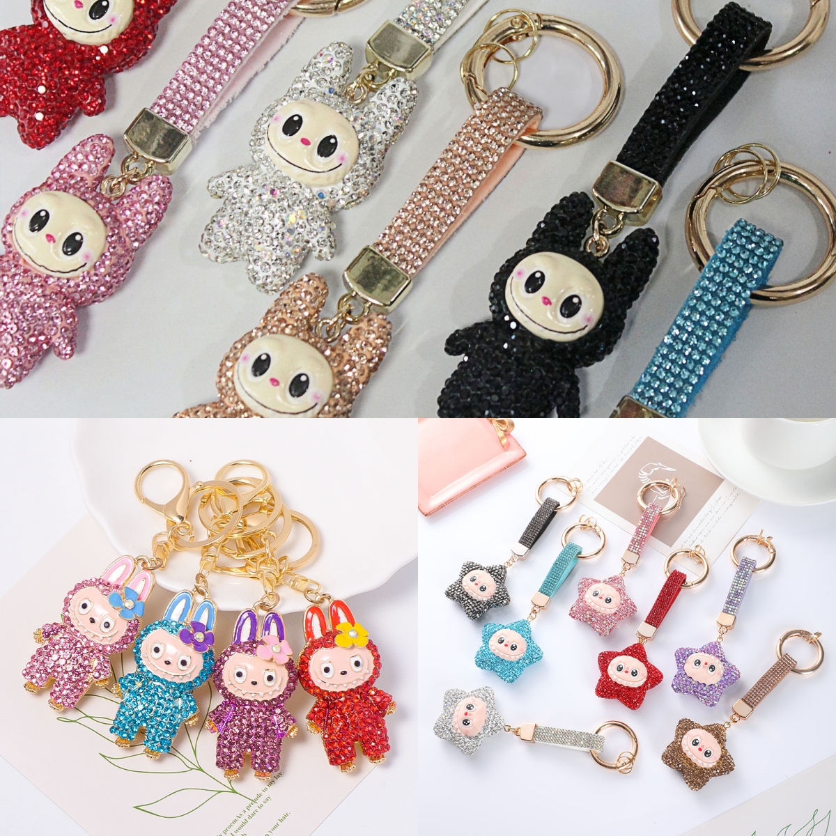 Labubu Doll Keychain Diamond Key Chain Designer Bag Charm Anime Figure Monsters Big Into Energy Series Blind Box Kawaii Figure Face Doll Key Chain Decor