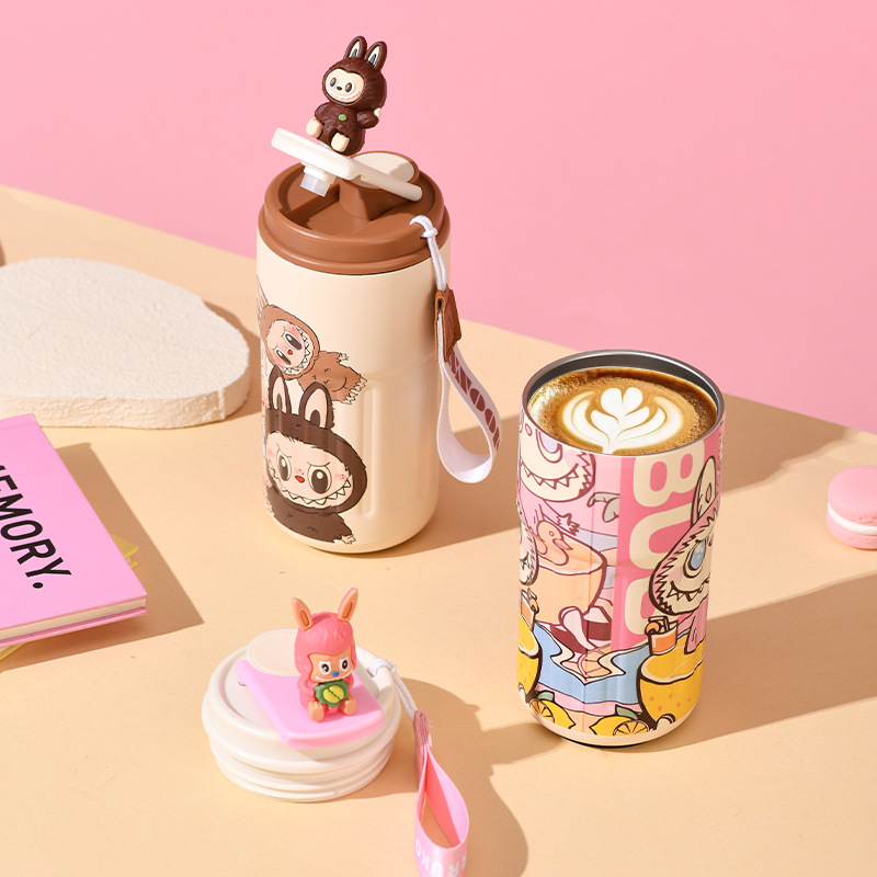 Designer Water Bottle Luxury Cartoon Girls Portable Double Wall Vacuum Coffee Cups Travel Mug Stainless SteelThermos Tumbler with Handle Black