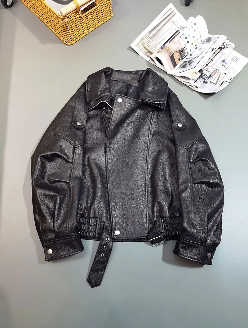 PU Leather Women Jacket For Women American Style Autumn Motorcycle Faux Leather Outerwear Oversized Loose Casual Zipper Jacket 250825