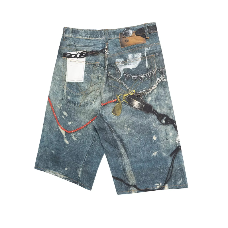 MIJKO Streetwear New Summer 3D Print Patchwork Baggy Jeans Shorts for Men Wide Leg Patchwork Casual Loose Knee Denim Trousres Oversize