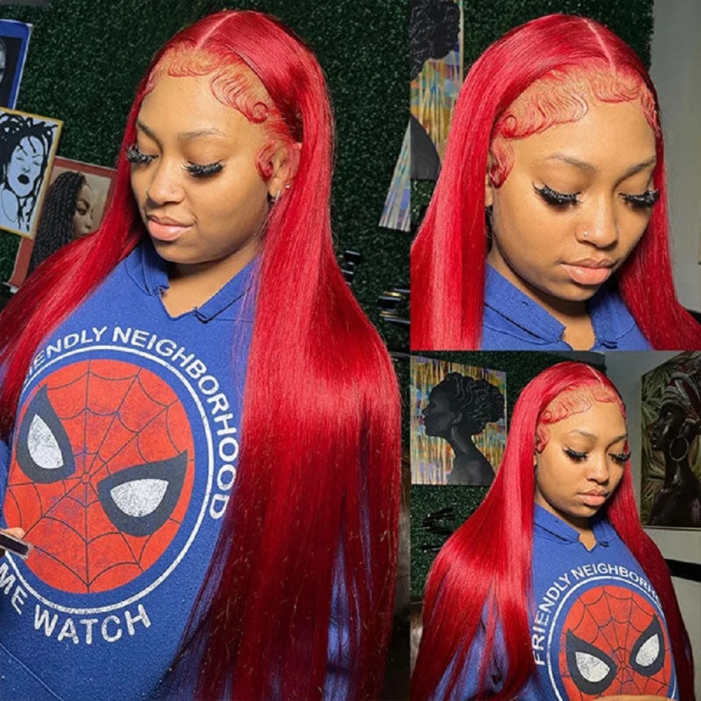 13X4 High Density Lace Frontal Human Hair Wigs For Women Hot Red Bone Straight Preplucked Hairline Brazilian Pre Plucked Gluelesss Burgundy Colored La